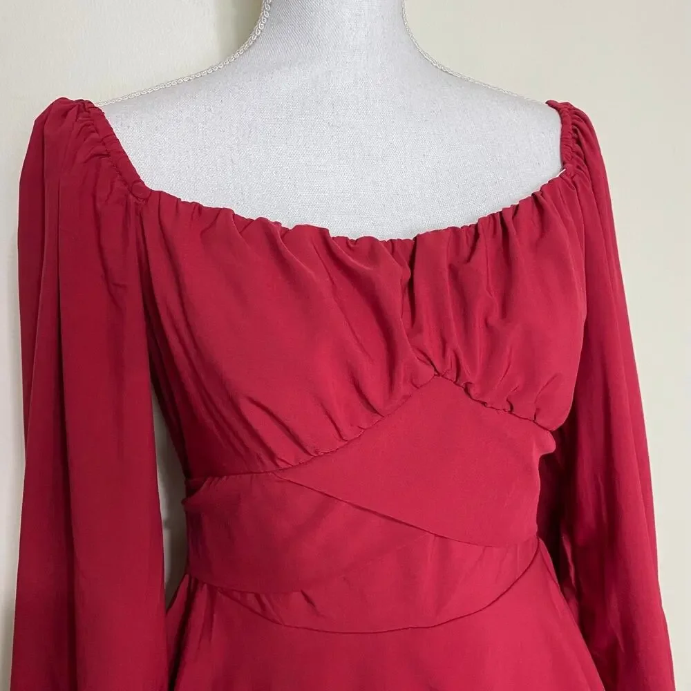 Women's Summer Sexy Puff Sleeve Square‎ Neck Wrap Short Mini Dress, XS, Red